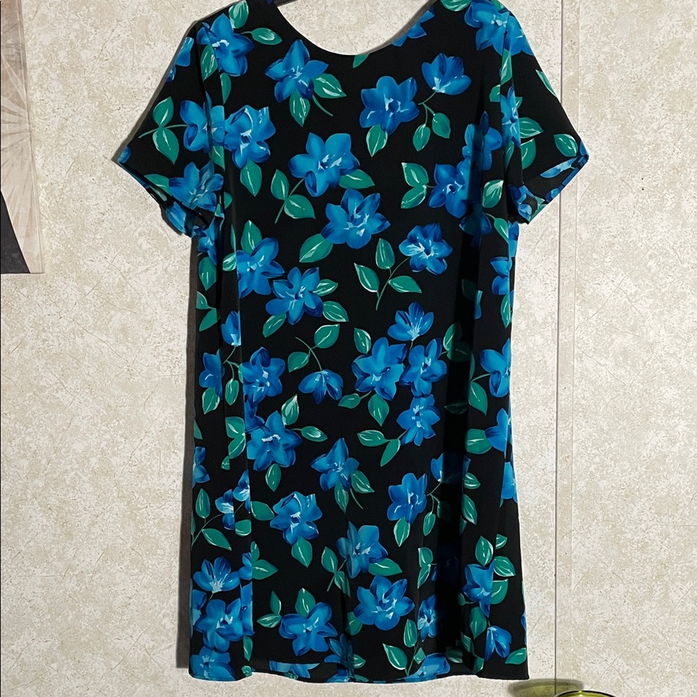 Sag Harbor Short Sleeve Black Dress with Blue & Green Floral Design